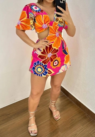 (Real Image)2024 Styles Women Printed Cutout Lace-up Ruffle Sleeves Fake Two-Piece Dress Set