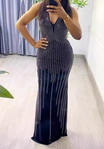 (Real Image)2024 Styles Women Seductive V-Neck Sequin Sheath Maxi Dress with Waist-Cinch