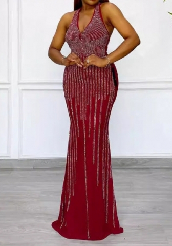 (Red)2024 Styles Women Seductive V-Neck Sequin Sheath Maxi Dress with Waist-Cinch