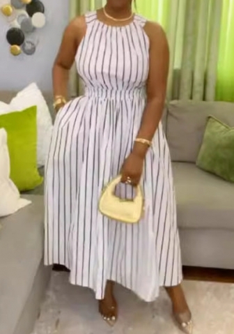 (Real Image)2024 Styles Women Stripe Round Neck Sleeveless Back-Cross Halter Waist-Cinch Maxi Dress