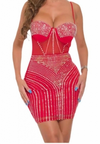 (Red)2024 Styles Women Sizzling Sequin Sheer Cutout Bodycon Halter Mini Dress