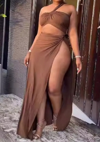 (Real Image)2024 Styles Women Solid Color Asymmetric Shoulder Short Top with High-Slit Maxi Skirt Set