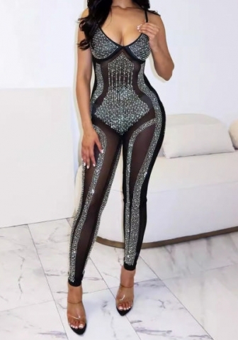 (Real Image)2024 Styles Women Sequined Sheer Spaghetti Strap Stretch Jumpsuit