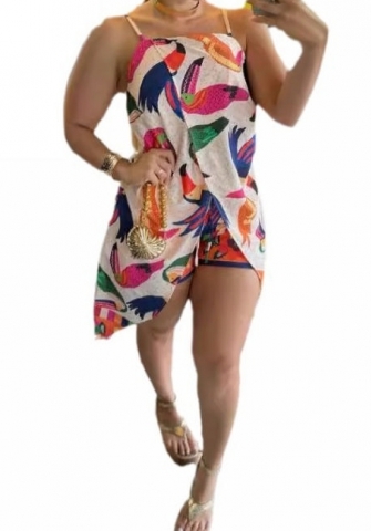 (White)2024 Styles Women Sexy Print Halter Skirt Shorts Set, Two-Piece Outfit