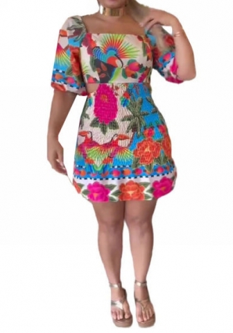 (Colorful)2024 Styles Women Floral Waist-Cinch Backless Lantern Sleeves Off-Shoulder Two-Way Dress