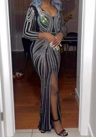 (Black)2024 Styles Women Sexy Sequin-Embellished High-Slit Backless Bodycon Maxi Dress