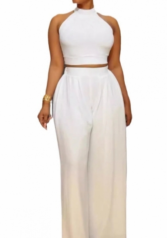 (Real Image)2024 Styles Women Sexy Pleated Sleeveless High-Waist Top and Palazzo Pants Two-Piece Set