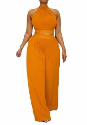 (Orange)2024 Styles Women Sexy Pleated Sleeveless High-Waist Top and Palazzo Pants Two-Piece Set