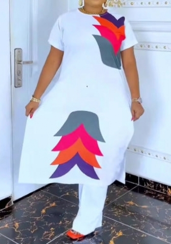 (Real Image)2024 Styles Women Floral Split-Hem Pullover Round Neck Long Top and Pants Two-Piece Set