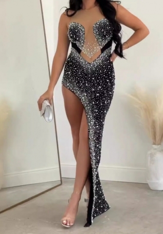 (Black)2024 Styles Women Seductive Sequin and Pearl Lace-Up Sheer Split Bodycon Dress with Stretch, Sleeveless