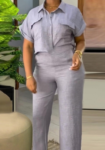 (Gray)2024 Styles Plus Size Women Summer Casual Collared Short Sleeve Shirt with Wide-Leg Pants Stylish Set