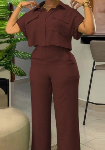 (Brown)2024 Styles Plus Size Women Summer Casual Collared Short Sleeve Shirt with Wide-Leg Pants Stylish Set