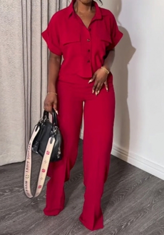 (Red)2024 Styles Plus Size Women Summer Casual Collared Short Sleeve Shirt with Wide-Leg Pants Stylish Set