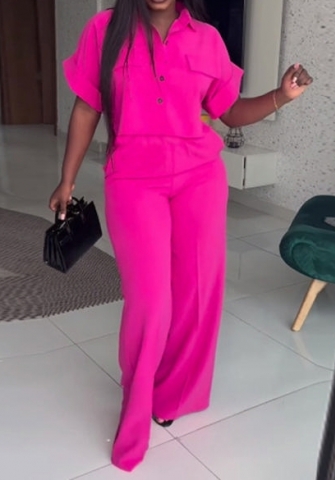 (Pink)2024 Styles Plus Size Women Summer Casual Collared Short Sleeve Shirt with Wide-Leg Pants Stylish Set