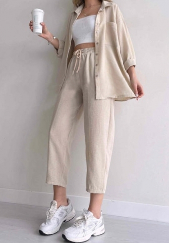 (Real Image)2024 Styles Plus Size Women Spring Casual Loose Shirt Jacket and Cropped Sporty Harem Pants Two-Piece Set