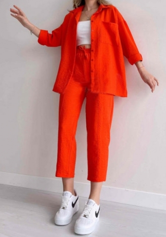 (Orange)2024 Styles Plus Size Women Spring Casual Loose Shirt Jacket and Cropped Sporty Harem Pants Two-Piece Set
