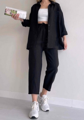 (Black)2024 Styles Plus Size Women Spring Casual Loose Shirt Jacket and Cropped Sporty Harem Pants Two-Piece Set