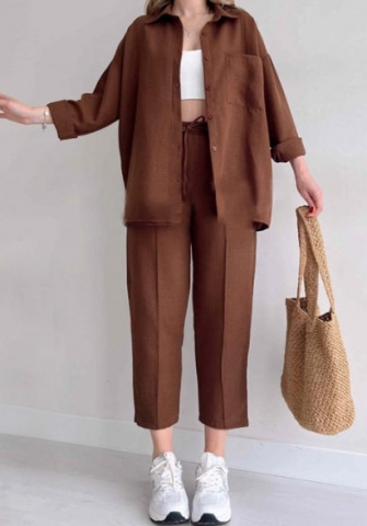 (Brown)2024 Styles Plus Size Women Spring Casual Loose Shirt Jacket and Cropped Sporty Harem Pants Two-Piece Set