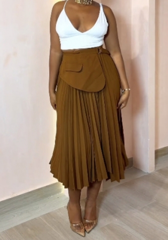 (Light Brown,Only Bottom)2024 Styles Plus Size Women Summer High-Waist Irregular Tied-Ruffle Pleated Midi Skater Skirt