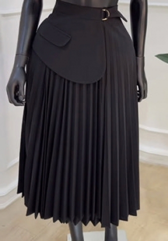 (Black,Only Bottom)2024 Styles Plus Size Women Summer High-Waist Irregular Tied-Ruffle Pleated Midi Skater Skirt