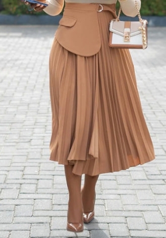 (Apricot,Only Bottom)2024 Styles Plus Size Women Summer High-Waist Irregular Tied-Ruffle Pleated Midi Skater Skirt