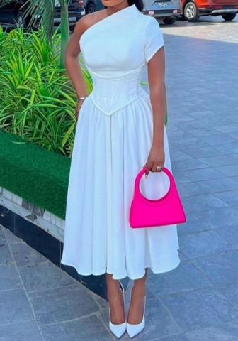 (Real Image)2024 Styles Plus Size Women Summer Asymmetrical Collar Short Sleeve Waist-Cinching Boned Mid-Length Dress