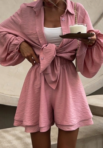 (Pink)2024 Styles Plus Size Women Spring/Summer Stylish Solid Color Puff Sleeve Shirt with Wide-Leg Shorts