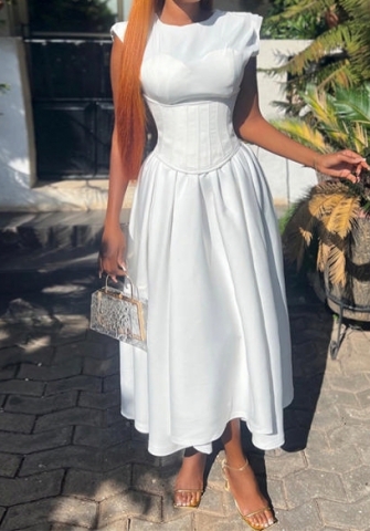 (Real Image)2024 Styles Plus Size Women Spring/Summer Elegant Round Neck Waist-Cinching High-Waist Boned A-Line Dress