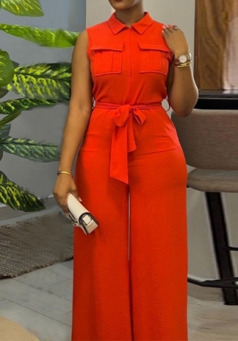 (Real Image)2024 Styles Plus Size Women Summer Collar Pocket Waist-Cinch Loose Wide-Leg Sleeveless Jumpsuit