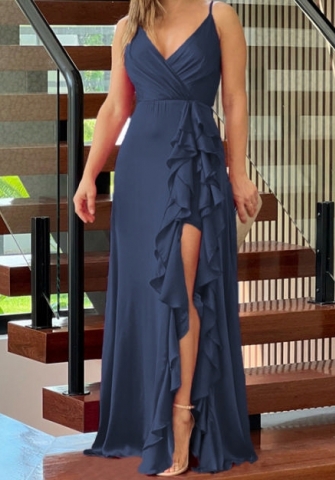 (Real Image)2024 Styles Women Summer Halter V-Neck High-Waist Ruffle Irregular Hem Maxi Dress