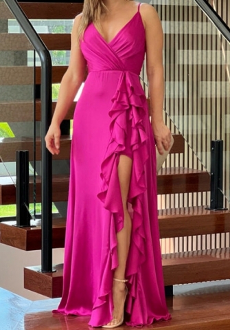 (Real Image)2024 Styles Women Summer Halter V-Neck High-Waist Ruffle Irregular Hem Maxi Dress