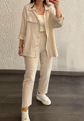 (Real Image)2024 Styles Women Double Layer Crepe Loose Plus Size Collar Long Sleeve Shirt Casual Set