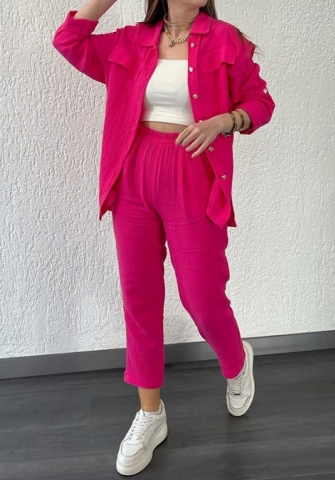 (Rose)2024 Styles Women Double Layer Crepe Loose Plus Size Collar Long Sleeve Shirt Casual Set