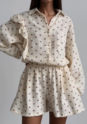 (Real Image)2024 Styles Women Ruffle Heart Print Shirt with Wide-Leg Shorts Casual Set