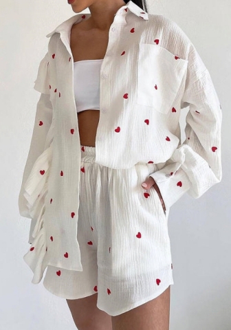 (Real Image)2024 Styles Women Ruffle Heart Print Shirt with Wide-Leg Shorts Casual Set