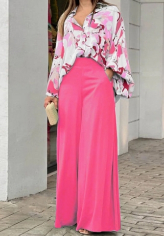 (Pink)2024 Styles Plus Size Women Summer Loose Plus-Size Casual Printed Shirt Top with Wide-Leg Pants Two-Piece Set