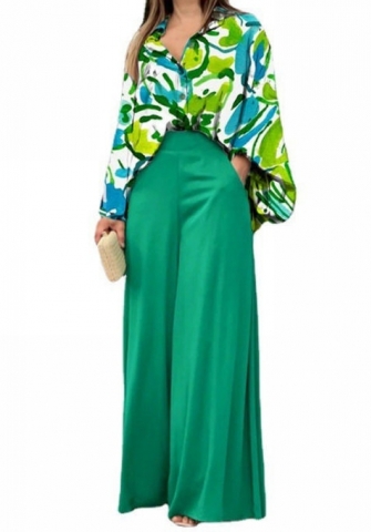(Green)2024 Styles Plus Size Women Summer Loose Plus-Size Casual Printed Shirt Top with Wide-Leg Pants Two-Piece Set