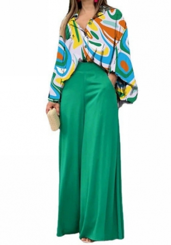 (Green)2024 Styles Plus Size Women Summer Loose Plus-Size Casual Printed Shirt Top with Wide-Leg Pants Two-Piece Set