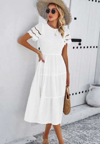 (Real Image)2024 Styles Women Spring/Summer Solid Color Elegant Gathered Openwork Dress