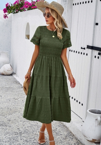 (Real Image)2024 Styles Women Spring/Summer Solid Color Elegant Gathered Openwork Dress