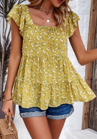 (Real Image)2024 Styles Women Spring/Summer Elegant Floral Print Square Neck Top