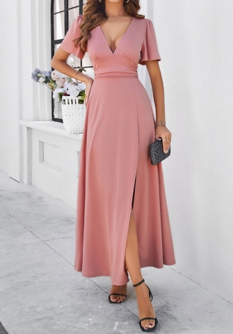 (Real Image)2024 Styles Women Spring/Summer Solid Color Elegant Fitted V-Neck Maxi Dress