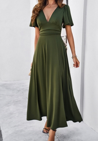 (Real Image)2024 Styles Women Spring/Summer Solid Color Elegant Fitted V-Neck Maxi Dress
