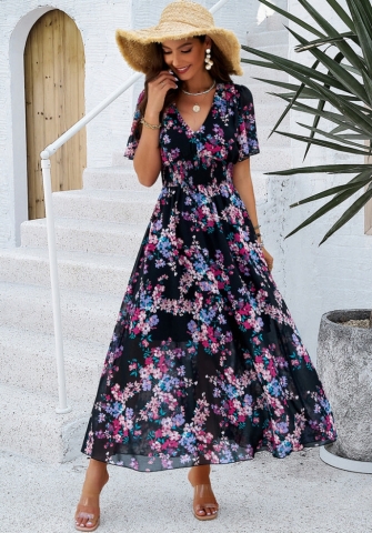 (Real Image)2024 Styles Women Spring/Summer Stylish Floral Print Waist-Cinch Short Sleeve Maxi Dress