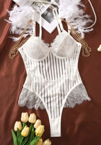 (Real Image)2024 Styles Women Sexy Lace Padded with Striped Net Mesh U-Back Feather Shapewear Erotic Bodysuit