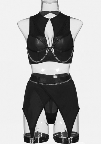 (Real Image)2024 Styles Women Influencer Stylish Chain Steel Boned Push-Up Erotic Lingerie Four-Piece Set