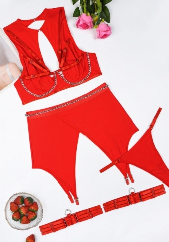 (Real Image)2024 Styles Women Influencer Stylish Chain Steel Boned Push-Up Erotic Lingerie Four-Piece Set