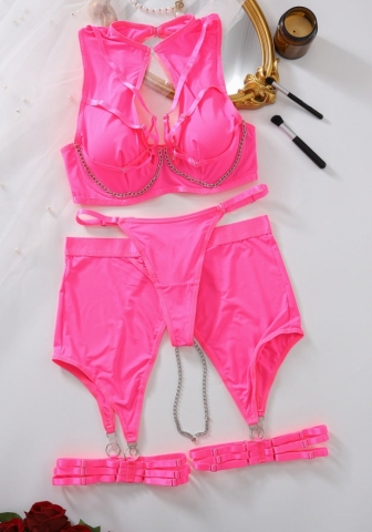 (Real Image)2024 Styles Women Influencer Stylish Chain Steel Boned Push-Up Erotic Lingerie Four-Piece Set