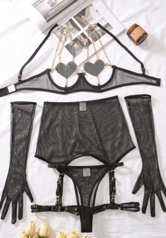 (Real Image)2024 Styles Women Transparent Chest Heart Chain Sexy Sheer Net Mesh Five-Piece Set