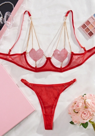 (Real Image)2024 Styles Women Transparent Chest Heart Chain Sexy Sheer Net Mesh Two-Piece Set
